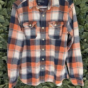 American Eagle Outfitters Orange Navy and Cream Plaid Flannel Shirt